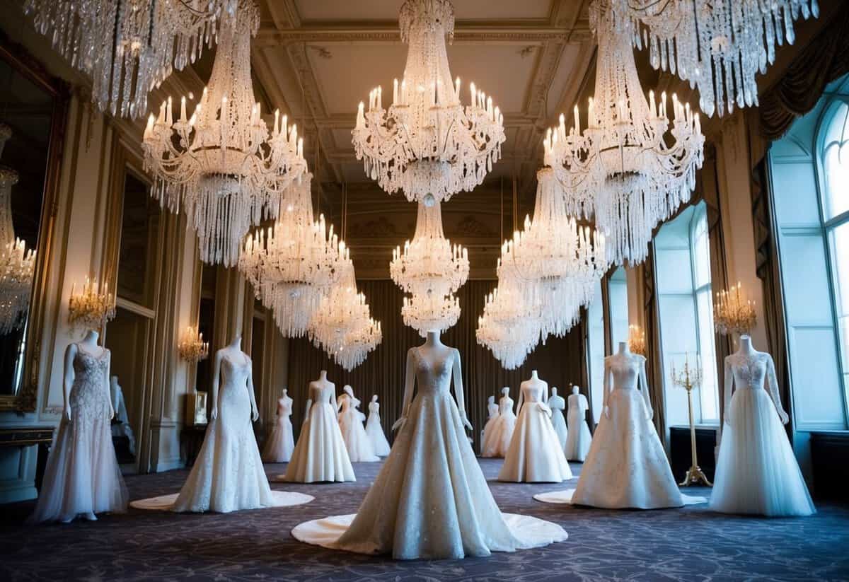 An elegant ballroom with cascading chandeliers, adorned with mannequins in Oscar de la Renta's best vintage wedding dresses from 2020