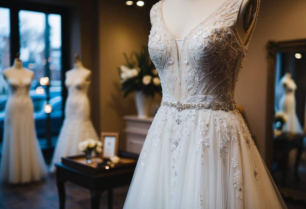 A vintage wedding gown hangs on a mannequin in a dimly lit boutique, adorned with delicate lace and intricate beading