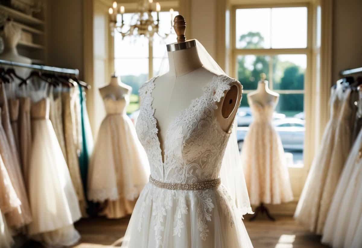 A lace-clad mannequin dons the Claire Pettibone Kristene Dress in a sunlit vintage bridal boutique