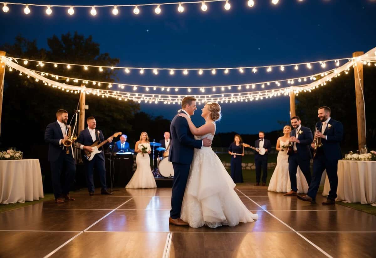 A romantic outdoor wedding reception with fairy lights, a live band, and a dance floor under the stars