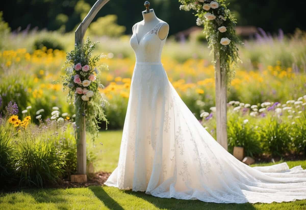 A sunlit garden with a rustic wooden arch and wildflowers, showcasing a vintage lace wedding dress with delicate details and a flowing train