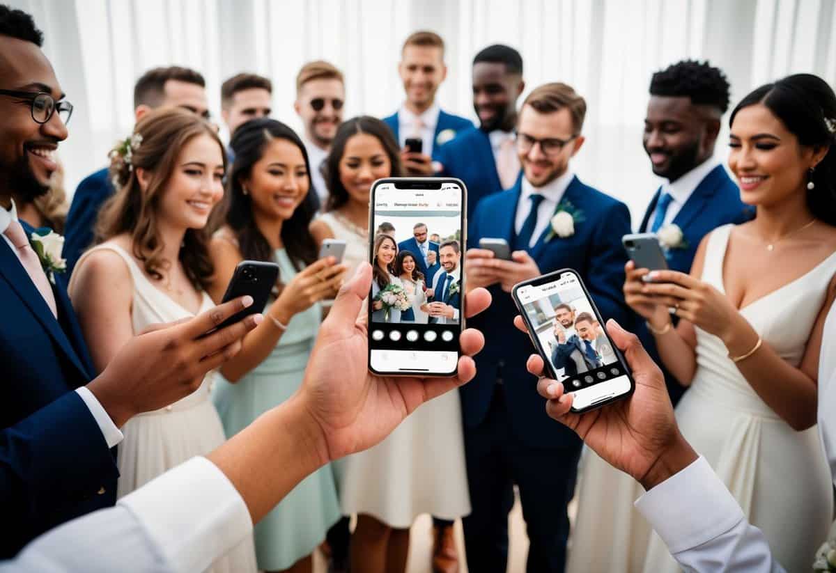 A group of diverse wedding guests using smartphones to share and view photos through a wedding photo sharing app