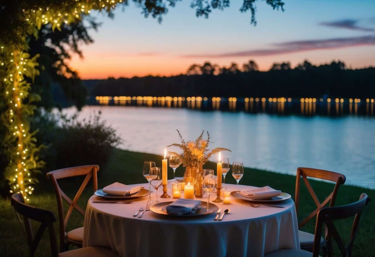 A romantic candlelit dinner with a view of the sunset over a serene lake, surrounded by lush greenery and twinkling fairy lights