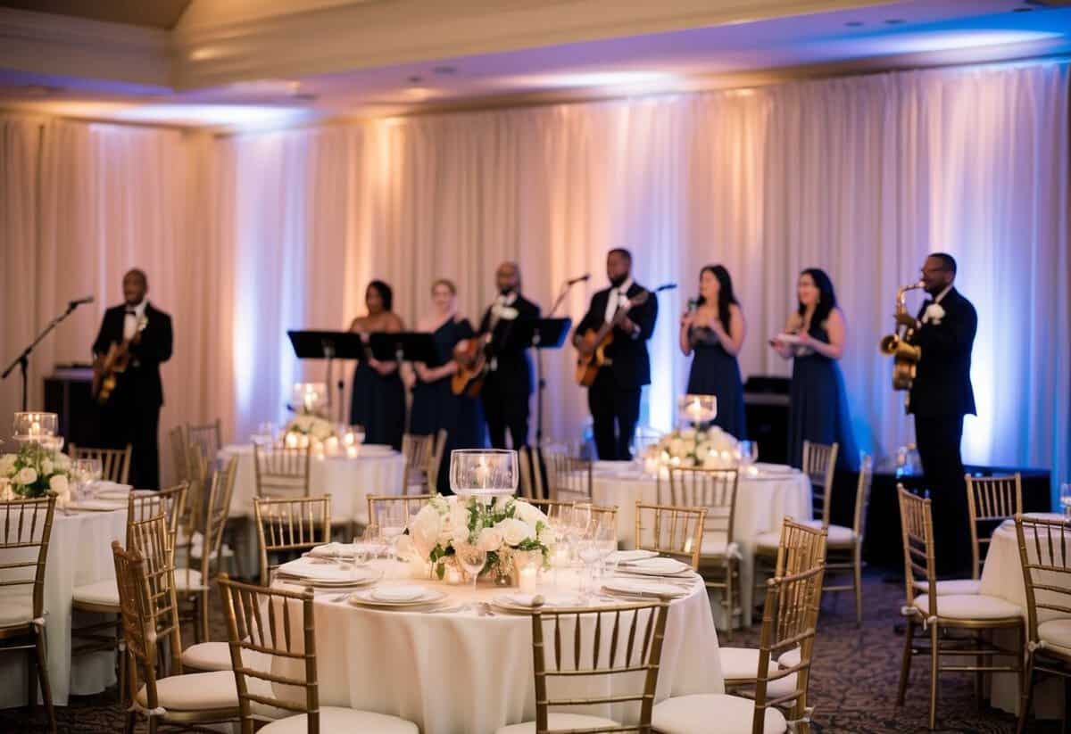 A beautifully decorated wedding reception with elegant tables, soft lighting, and a live band playing "All of Me" by John Legend