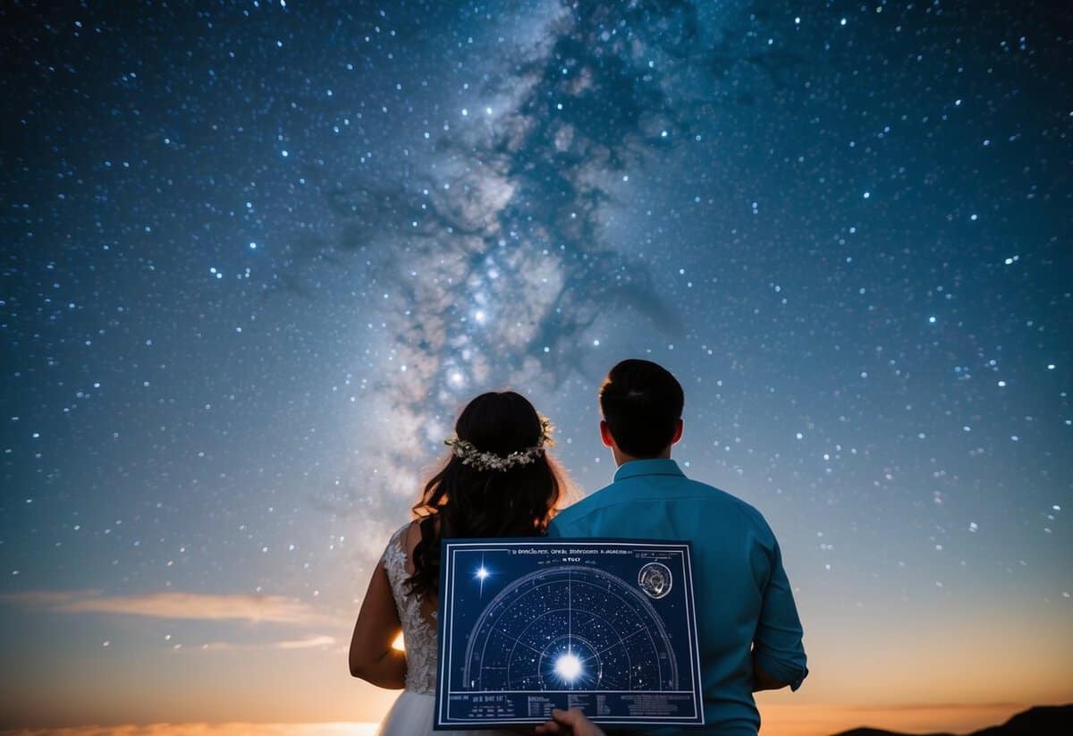 A couple stargazing under a sky full of stars, with a personalized star map in hand, celebrating their 20th wedding anniversary