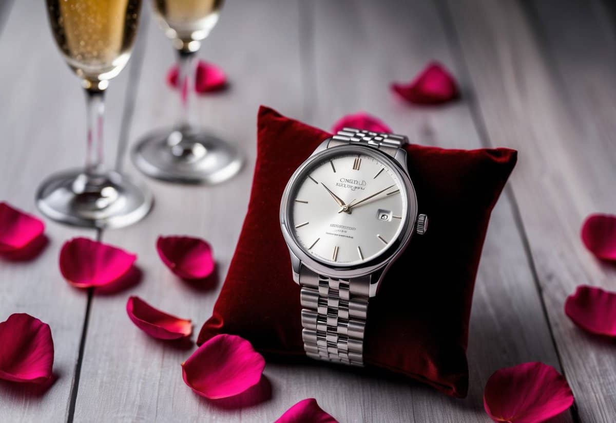 A sleek, silver watch with a personalized engraving sits on a velvet cushion, surrounded by rose petals and a pair of champagne flutes