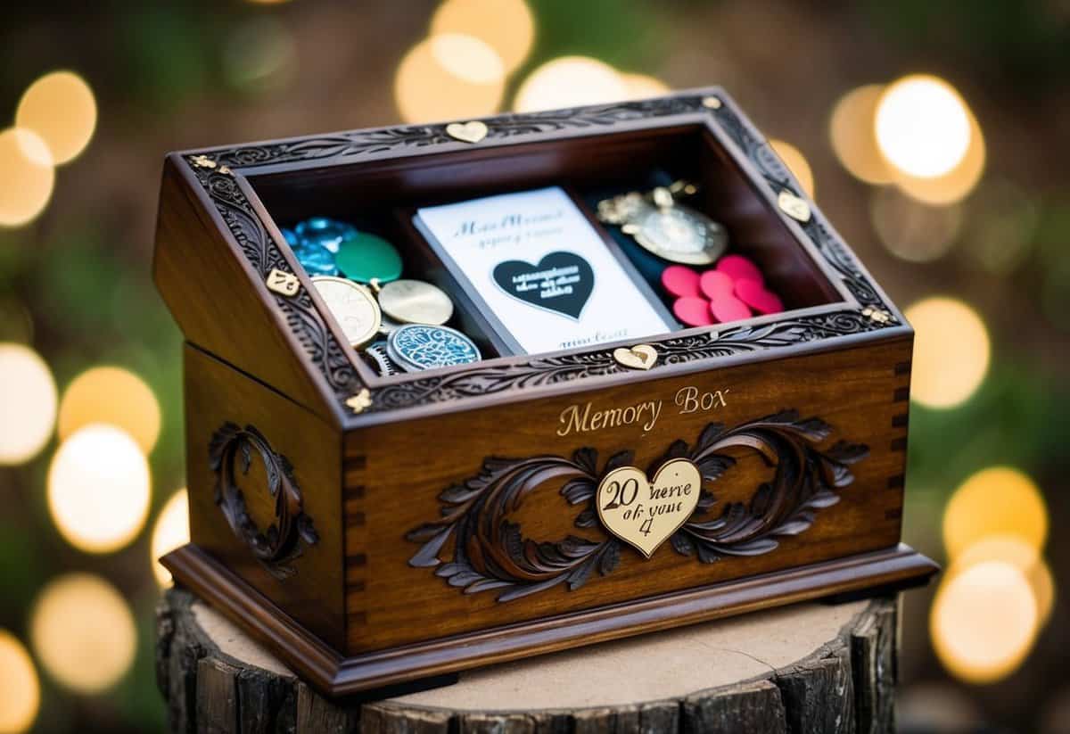 A wooden memory box with intricate carvings, filled with mementos from 20 years of marriage