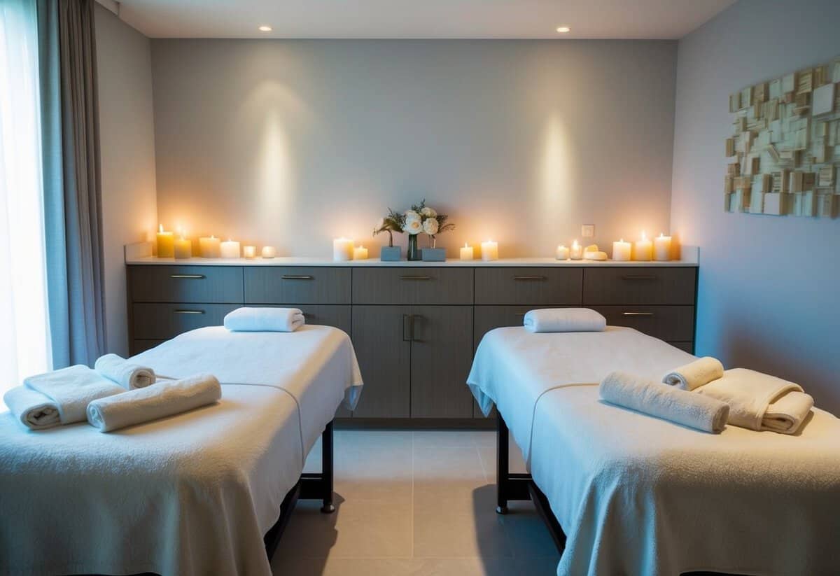 A serene spa room with two massage tables, soft lighting, and relaxing music. Aromatherapy candles and plush robes add to the tranquil atmosphere