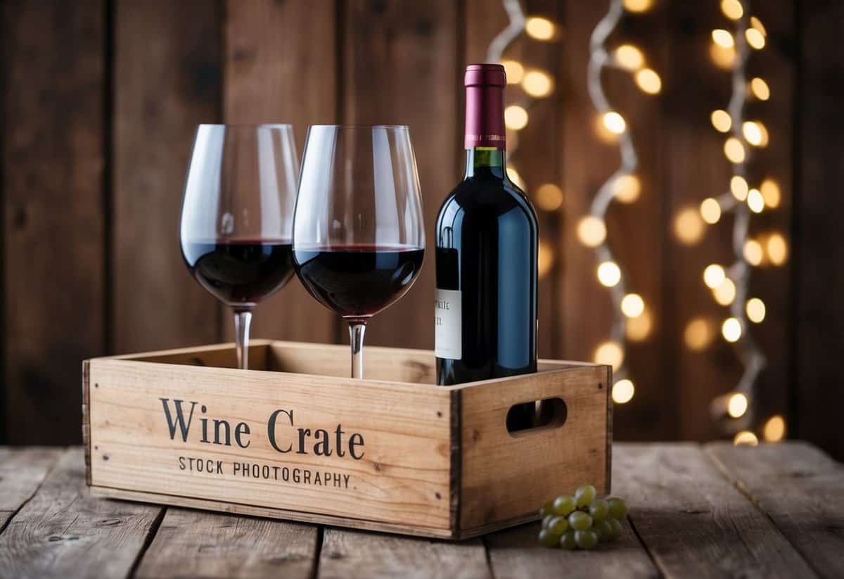 A rustic wooden wine crate holds two elegant wine glasses and a bottle of vintage red wine