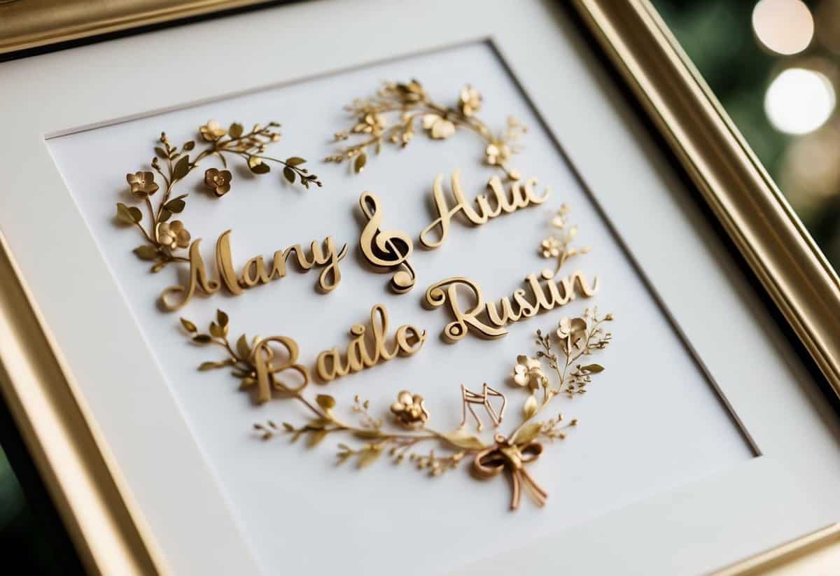 A couple's names intertwined with musical notes and symbols, surrounded by delicate floral designs, framed in gold