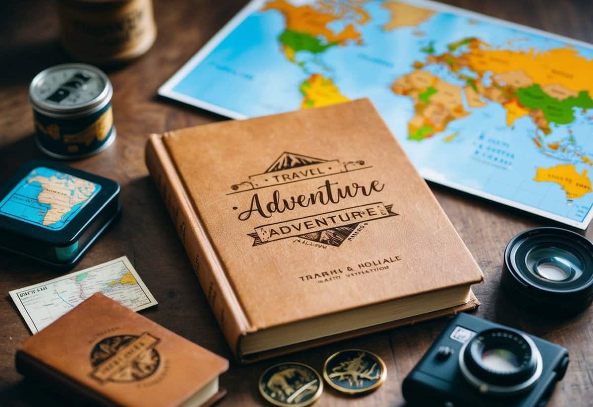 A couple's names engraved on a vintage-looking adventure book, surrounded by travel souvenirs and a map with marked destinations