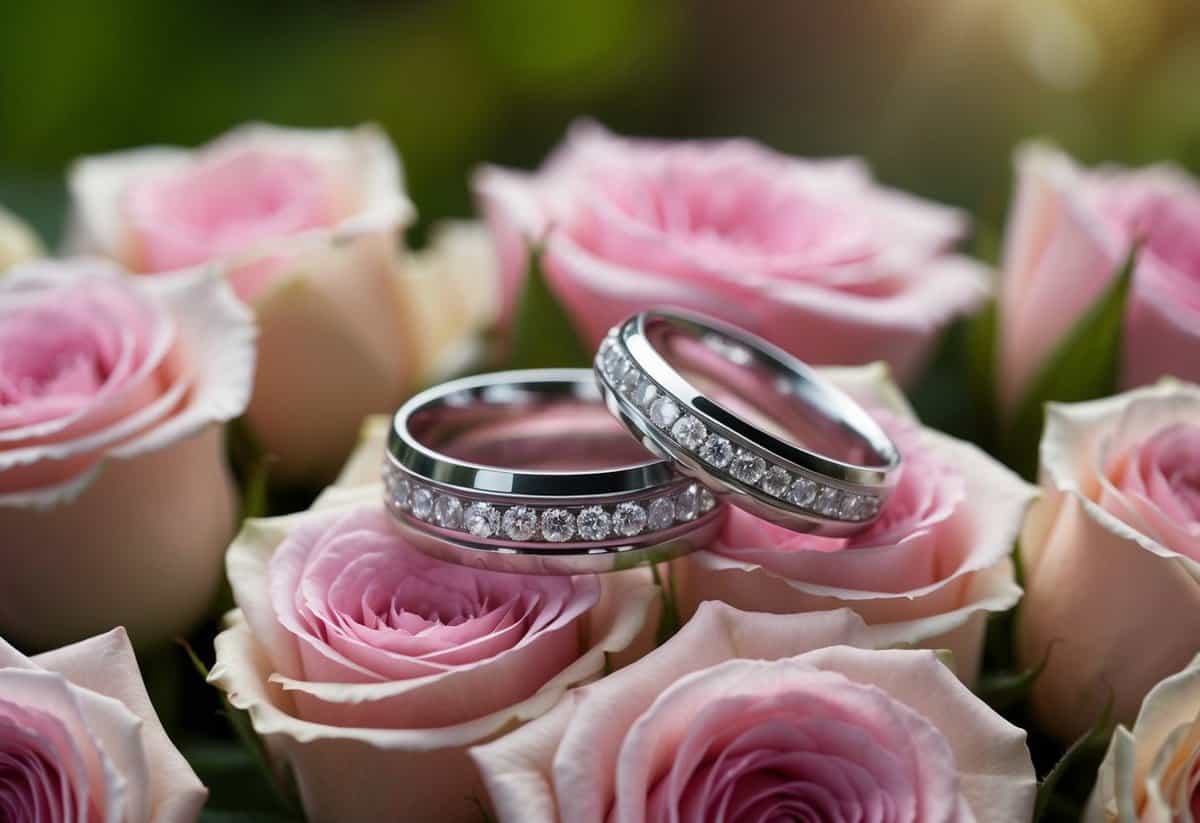 A couple's intertwined wedding bands resting on a bed of roses, symbolizing the enduring love and commitment of a 20 year anniversary