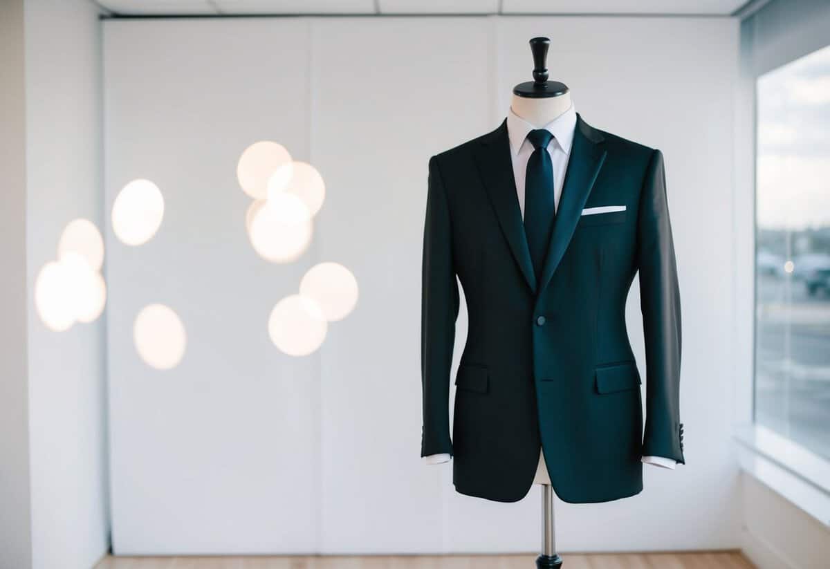 A sleek black wedding suit displayed on a mannequin against a clean, white backdrop