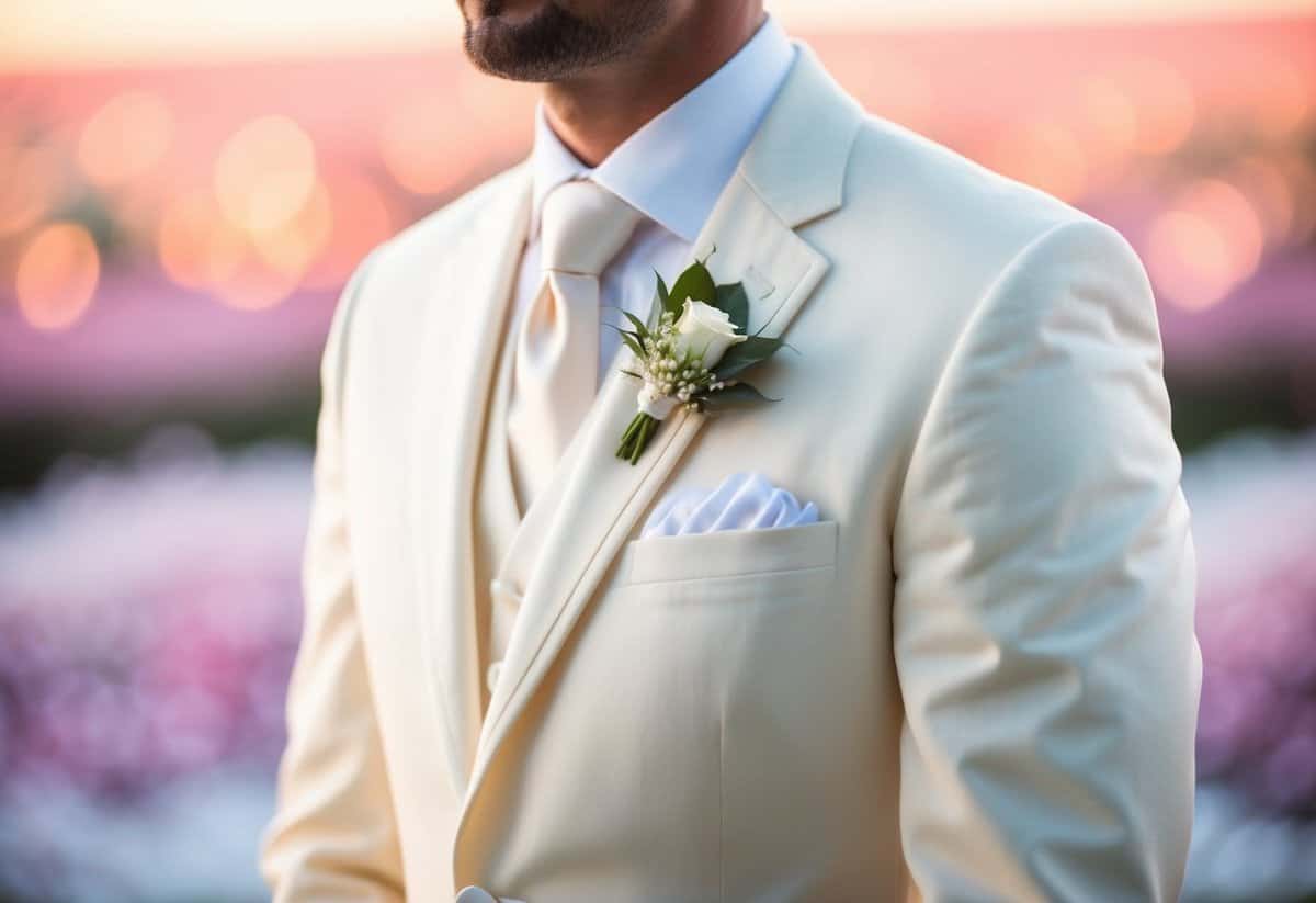 A groom's ivory wedding suit against a backdrop of soft, romantic colors