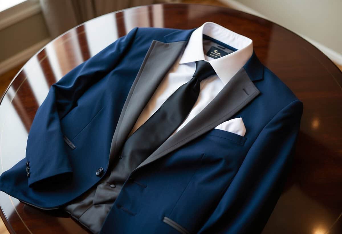 A groom's classic wedding suit in navy blue and charcoal grey, with a crisp white shirt and a sleek black tie, laid out on a polished wooden table