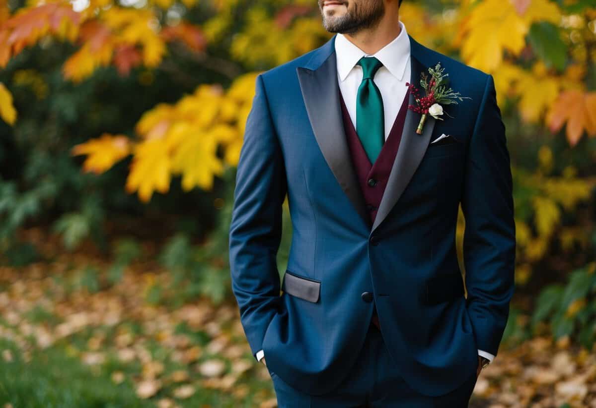 A groom's suit in shades of navy and charcoal, accented with rich burgundy and forest green, set against a backdrop of autumn foliage