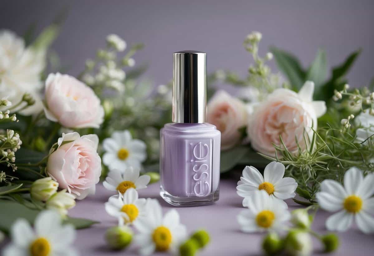 A soft lavender nail polish bottle surrounded by delicate wedding flowers and greenery