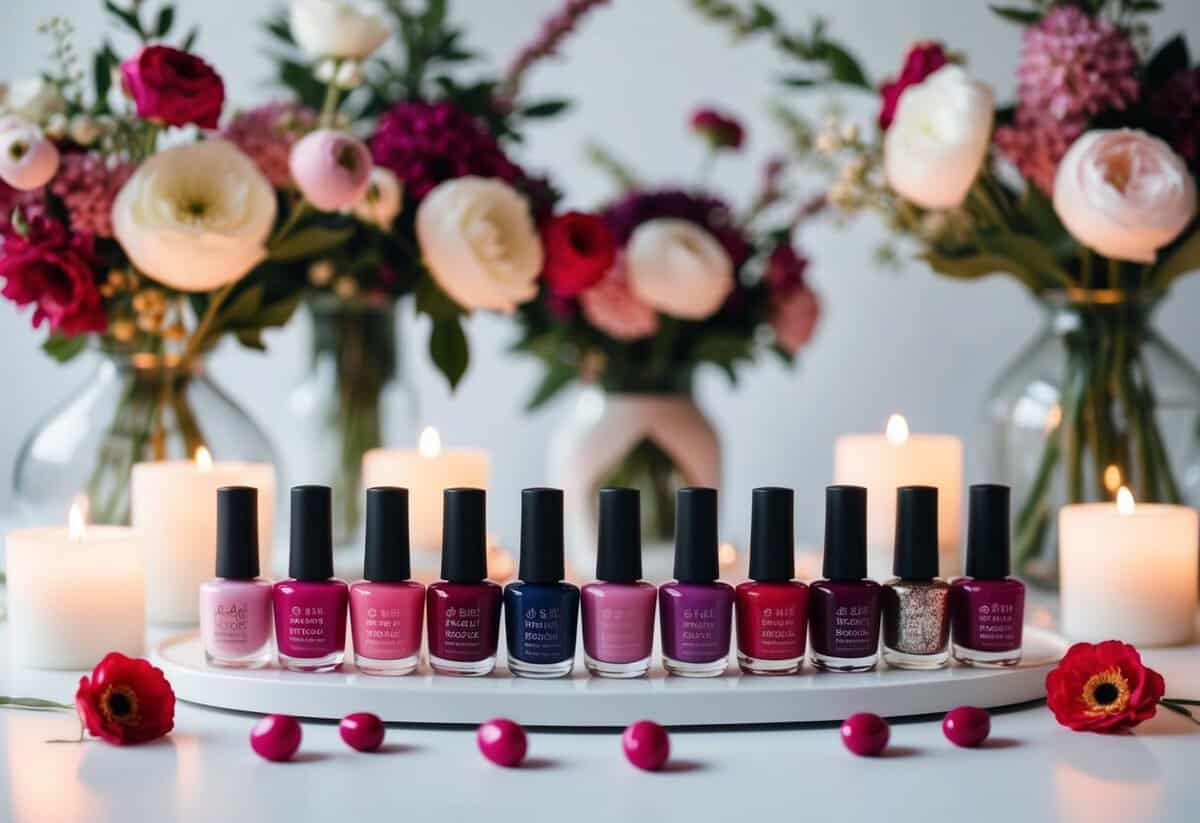 A palette of vibrant berry-colored nail polish bottles arranged on a white table, surrounded by delicate floral arrangements and soft candlelight