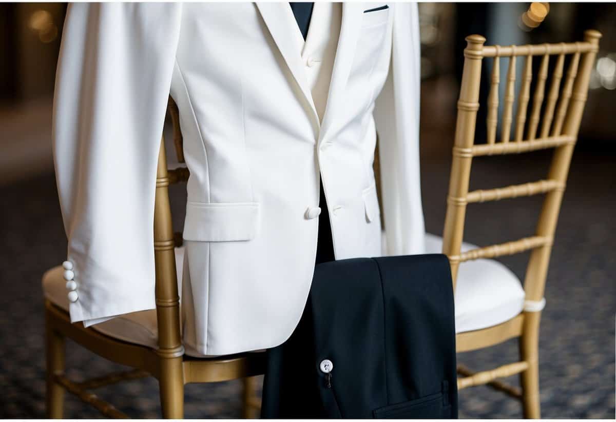 A white dinner jacket draped over a chair next to a pair of black pants, ready for a groom to wear at a wedding