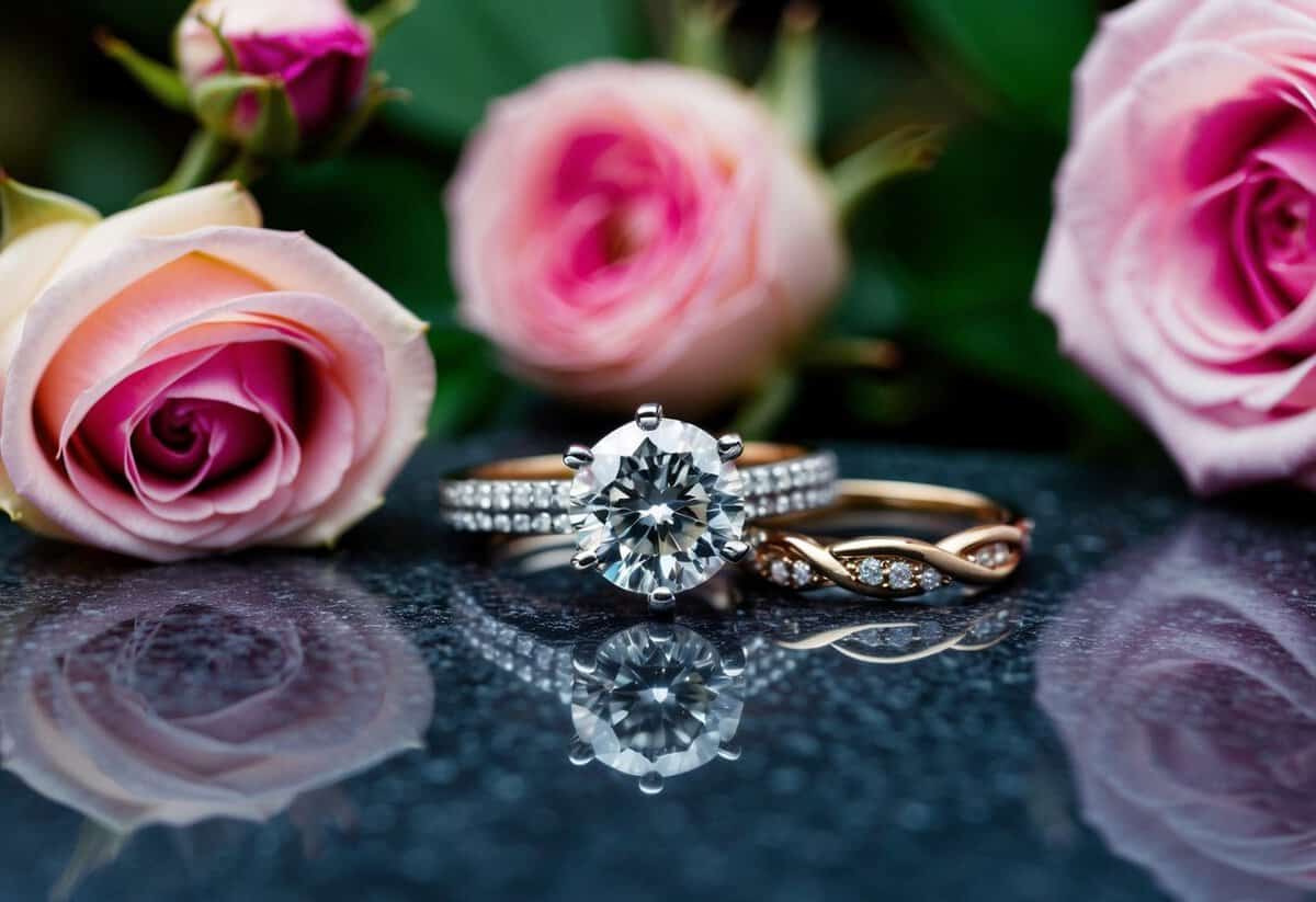 A diamond ring on a polished granite surface, surrounded by blooming roses and a pair of intertwined wedding bands