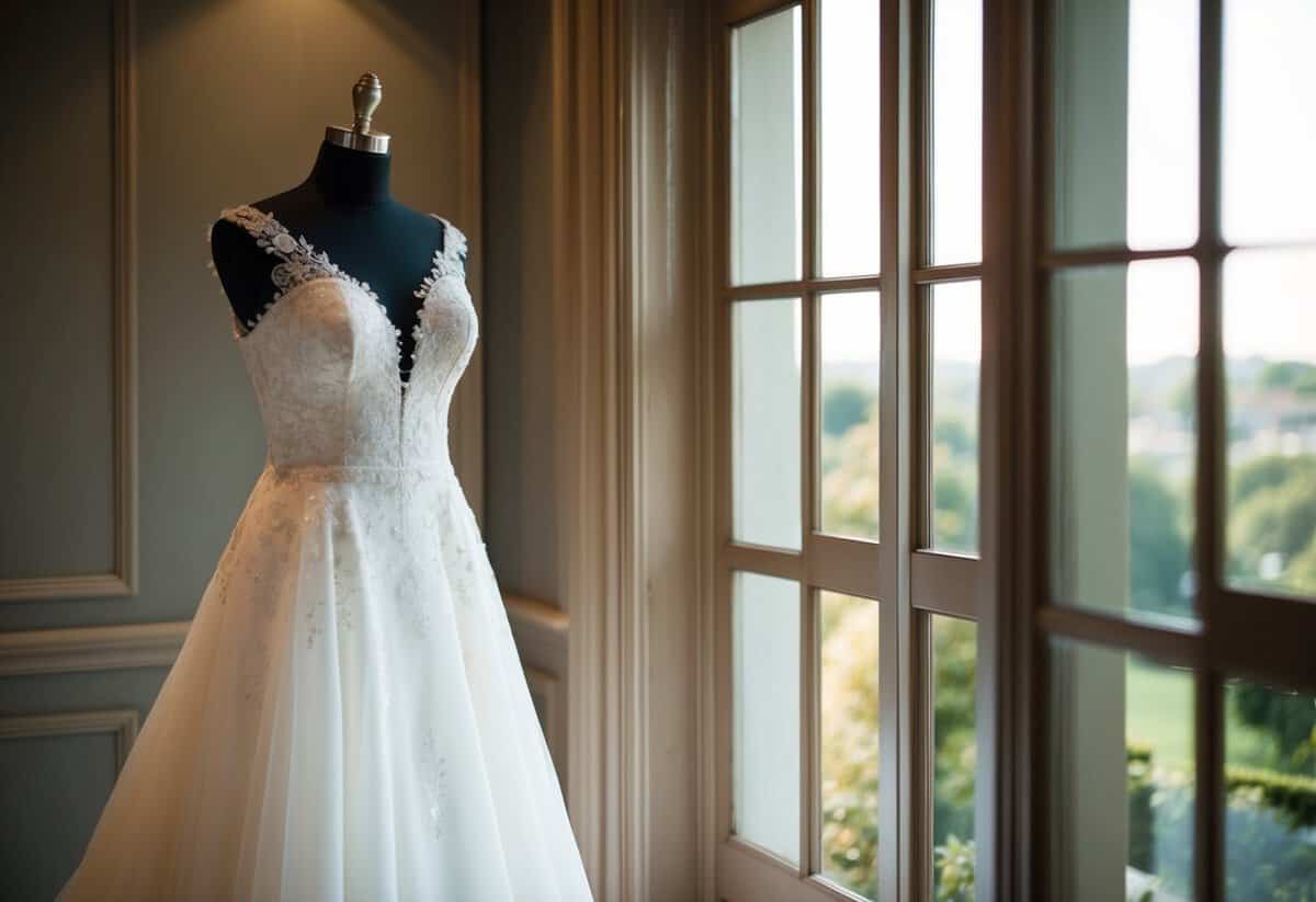 A bride's elegant wedding dress displayed on a mannequin