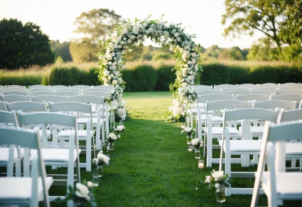 A serene outdoor wedding ceremony with a floral arch and rows of chairs set up for guests