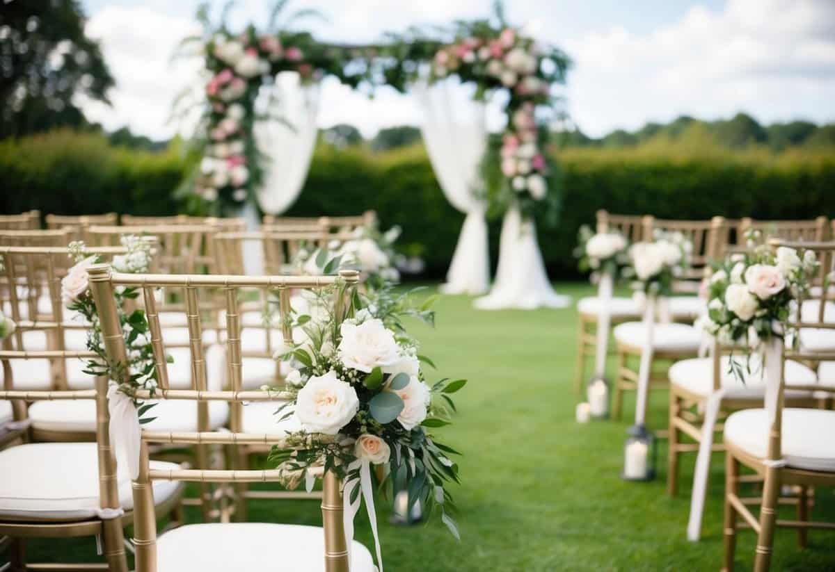 A beautiful outdoor wedding ceremony with floral decorations and elegant seating arrangements