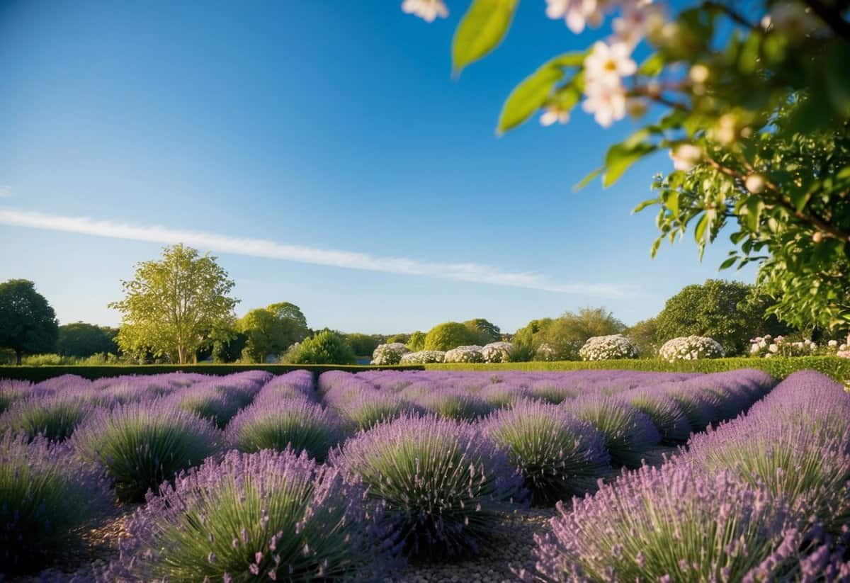 A serene garden with lavender fields, surrounded by lush greenery and blooming flowers under a clear blue sky