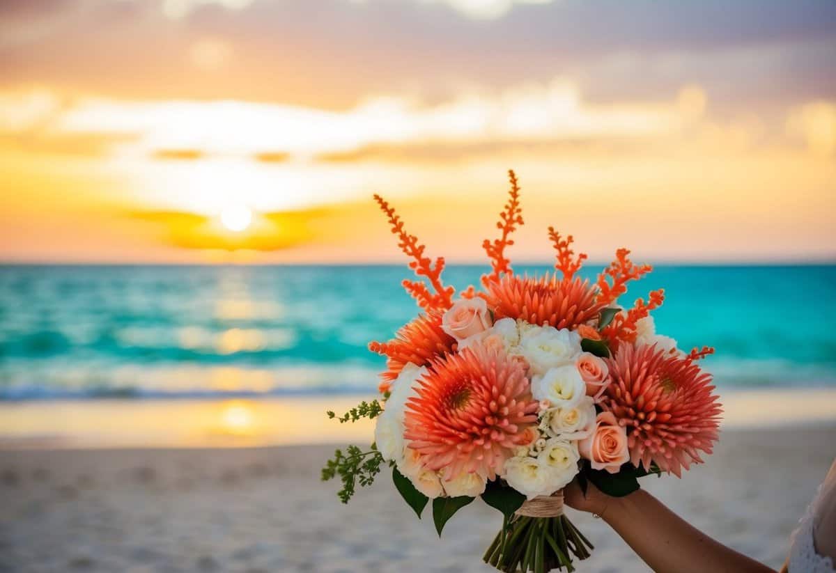 A beach wedding with coral-colored flowers, turquoise sea, and golden sunset