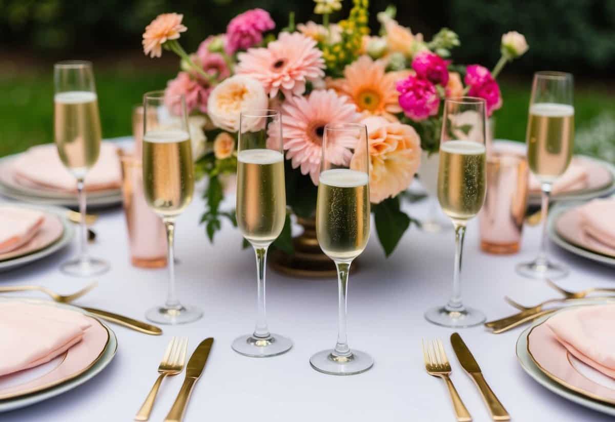 A table set with champagne glasses, surrounded by summer flowers in shades of pink, peach, and gold