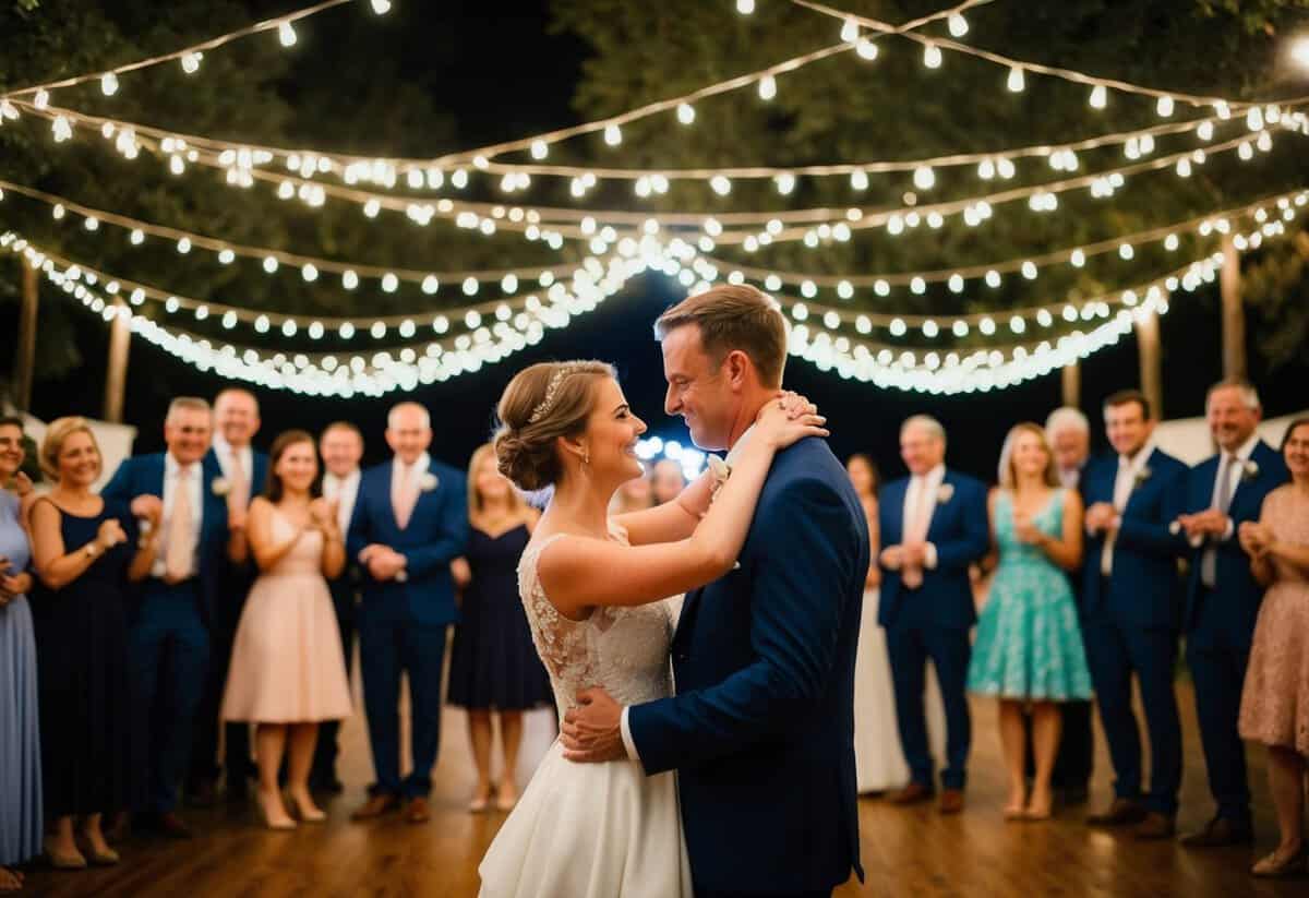 A couple dances under twinkling lights, surrounded by friends and family, as the song "You Are the Best Thing" plays