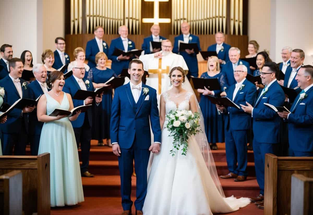 A bride and groom stand at the altar, surrounded by a choir and musicians performing joyful Christian wedding songs