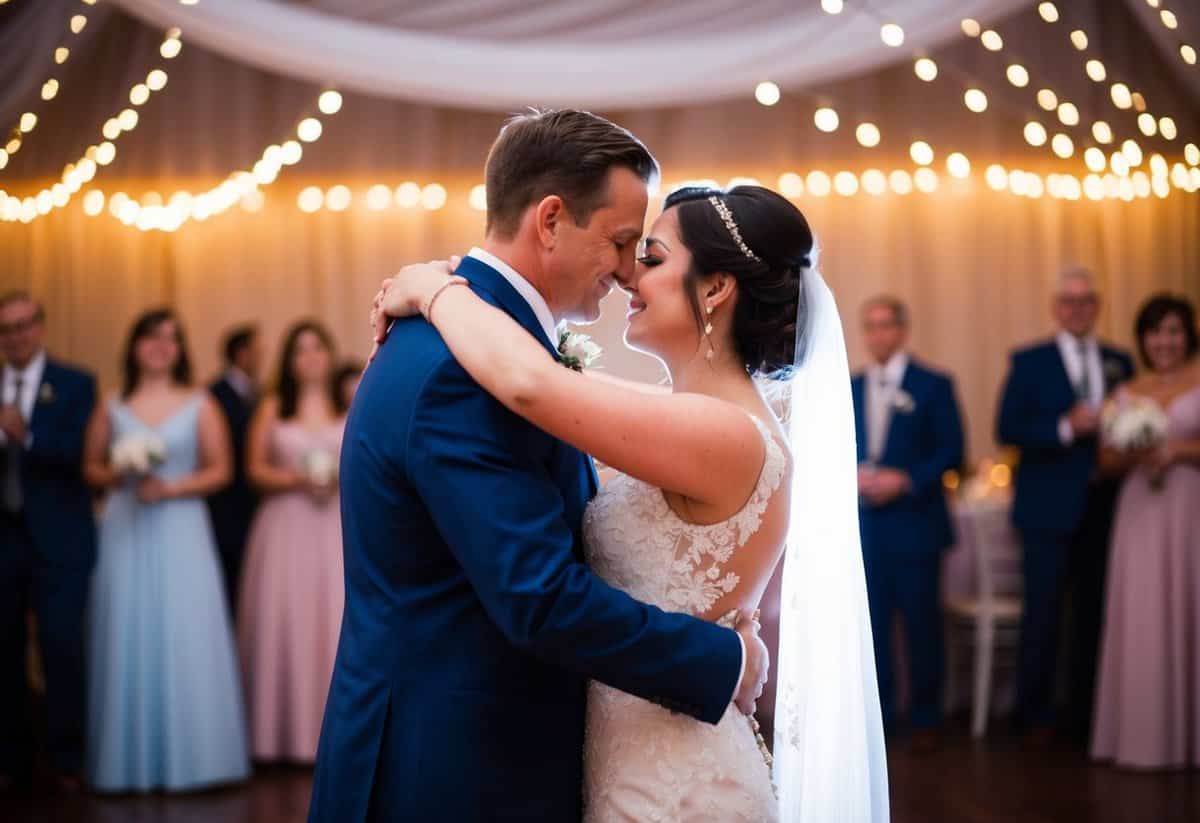 A couple embraces on the dance floor, surrounded by twinkling lights and a soft glow, as they share a tender last dance at their wedding