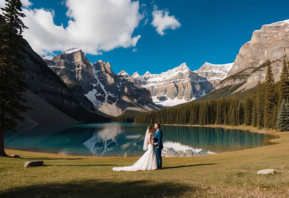 A serene mountain meadow with a crystal-clear lake, surrounded by towering pine trees and snow-capped peaks, creating a breathtaking backdrop for a wedding ceremony in Banff National Park, Canada