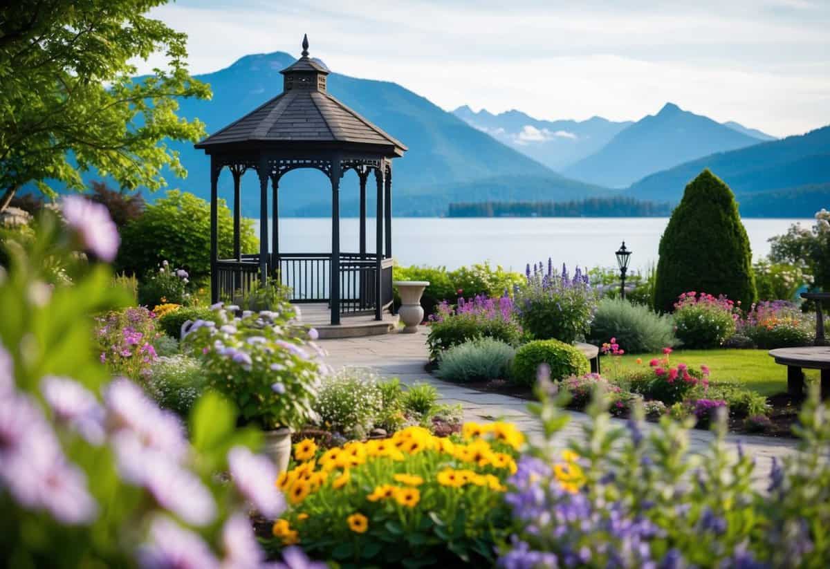 A serene garden with blooming flowers, a charming gazebo, and a picturesque view of a lake and mountains in the background