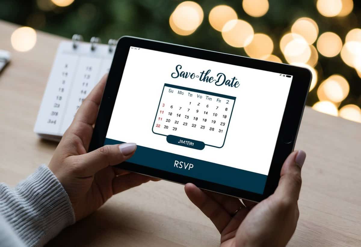 A digital device displaying a wedding save-the-date with a calendar and RSVP button