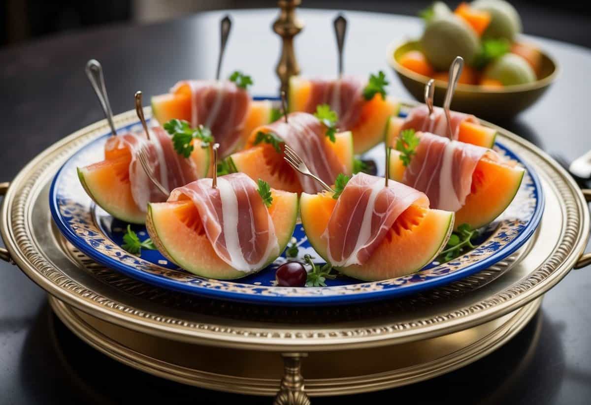 A platter of prosciutto-wrapped melon slices on a decorative tray with garnishes and small forks