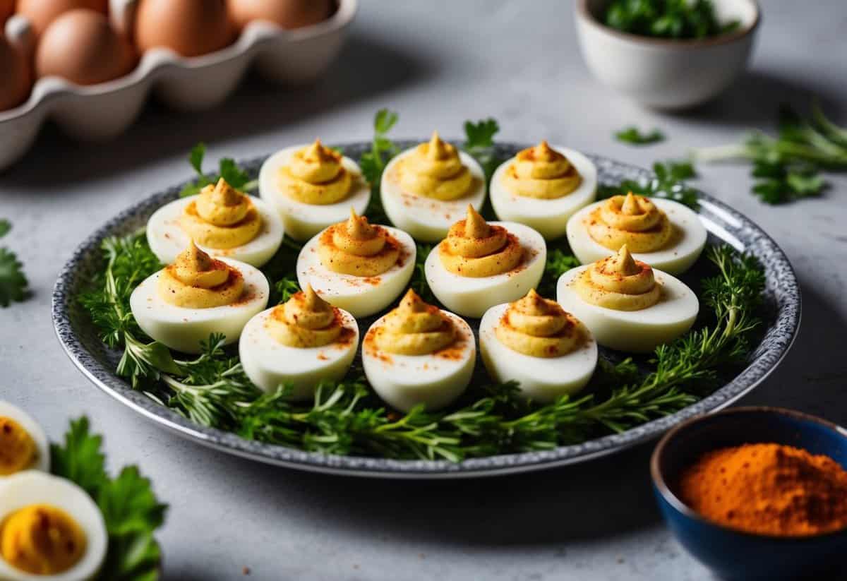 A platter of deviled eggs arranged on a decorative tray, surrounded by fresh herbs and garnished with paprika