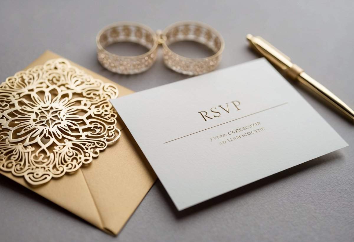 A decorative wedding invitation with a blank RSVP card and envelope