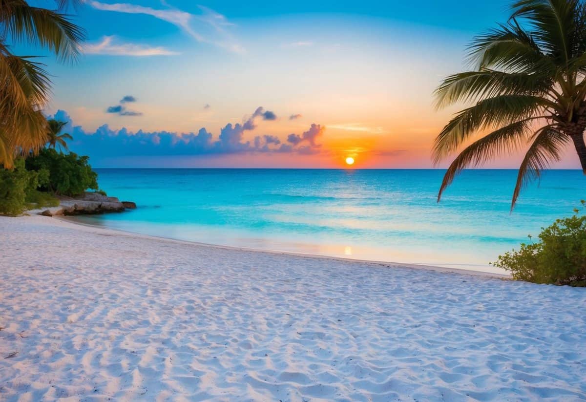 A beautiful beach with white sand, clear blue waters, and a colorful sunset in the background. Palm trees and a gentle breeze add to the romantic atmosphere