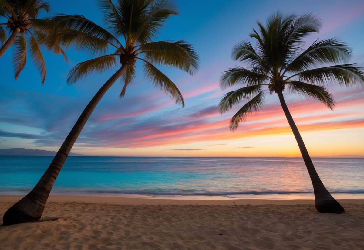 A serene beach with palm trees, crystal clear water, and a colorful sunset in Maui, Hawaii