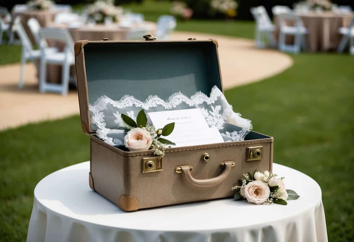 A weathered vintage suitcase serves as a card box at a wedding, adorned with delicate lace and floral details