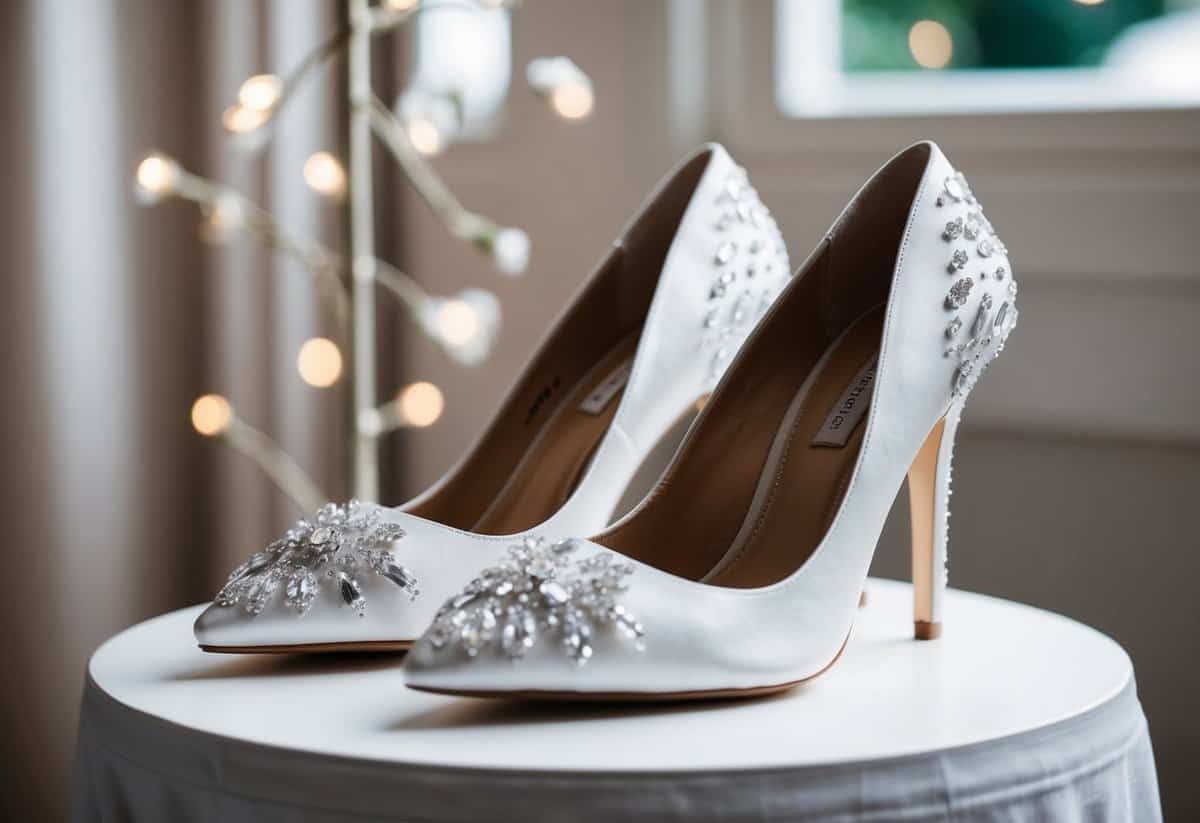 A pair of elegant white wedding heels with a 3.9-inch heel, adorned with delicate crystals and a sleek pointed toe design