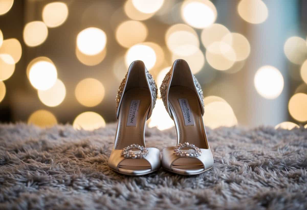 A pair of elegant Badgley Mischka Kiara wedding heels on a plush, luxurious carpet