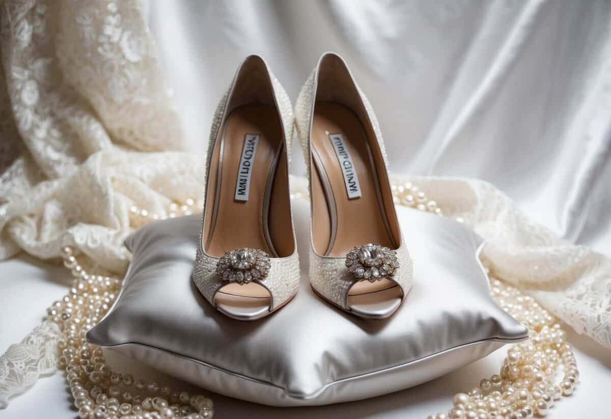 A pair of elegant Manolo Blahnik Hangisi heels placed on a soft, white satin cushion, surrounded by delicate lace and shimmering pearls