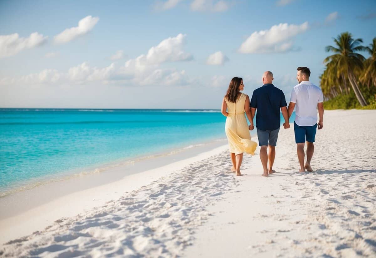 A couple walks hand in hand along a white sandy beach, with crystal-clear turquoise water and palm trees in the background