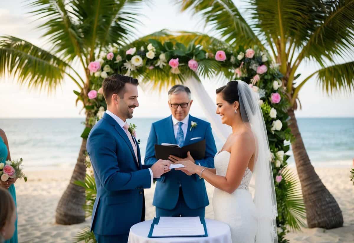 A beach wedding ceremony with a couple exchanging vows, surrounded by tropical flowers and palm trees, with a table displaying legal paperwork and requirements