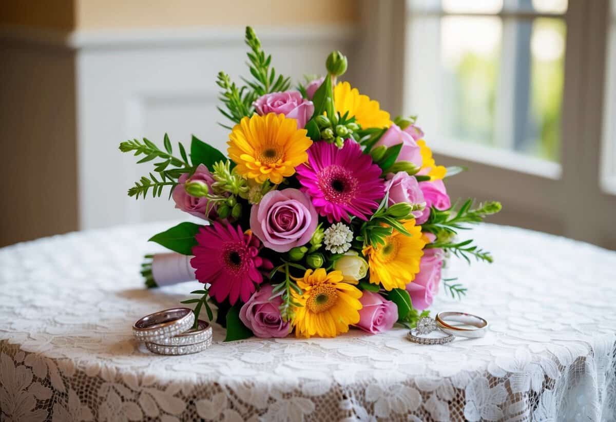 A vibrant bouquet of flowers and sparkling wedding rings intertwined on a lace-covered table