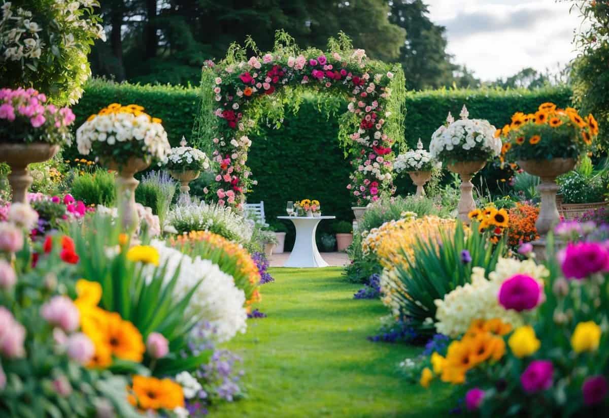 A vibrant garden with blooming flowers of various colors and sizes, creating a picturesque backdrop for a wedding ceremony