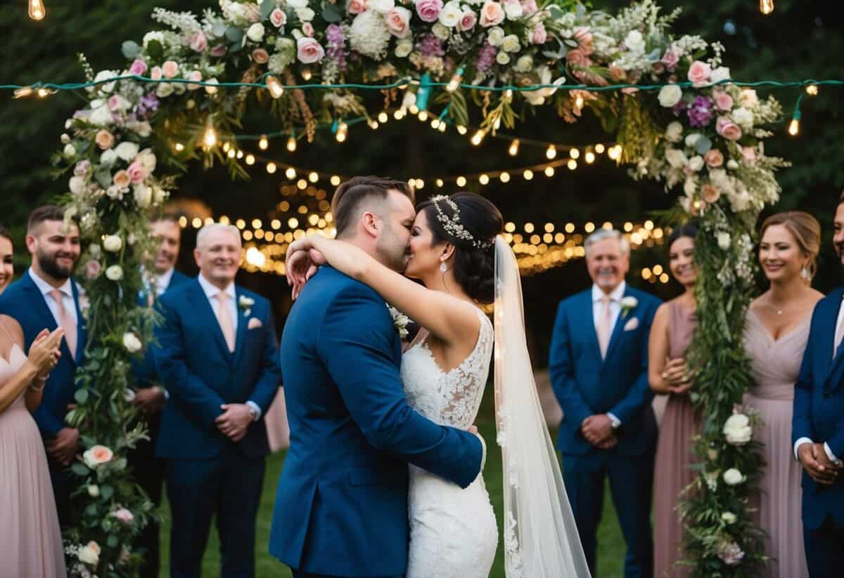 A bride and groom embrace under a floral archway, surrounded by twinkling lights and surrounded by their loved ones